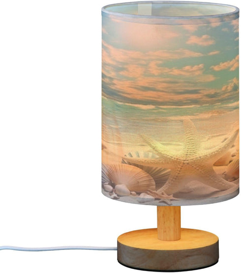 Starfish Summer Beach Bedside Table Lamp for Bedroom Nightstand, Small Eye Care LED Desk Reading Lamp USB Port Wood Base Round Flaxen Fabric Shade...