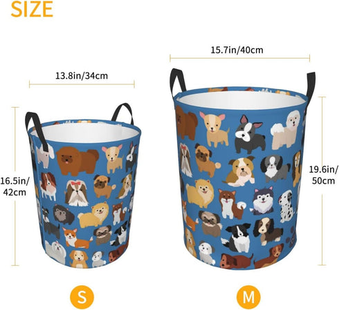 Cute Dogs Blue Round Laundry Hamper Storage Basket Toys Clothes Organizer Bin For Home Bathroom Bedroom Dorm Nursery, 38l...