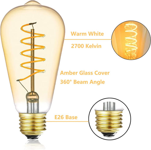 12V LED Edison Bulbs 40W Equivalent, Low Voltage 4W Vintage Style Spiral LED Filament Light Bulbs, E26 Medium Base, Warm White 2700K, Antique ST64...
