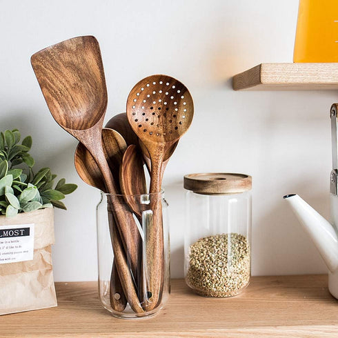 Teak Kitchen Utensils,Wooden Spatula Turner Kitchenware Nonstick Pan Cookware Natural Utensils Handcrafted Cutlery Tool (Brown)...