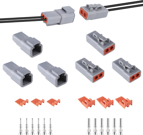 MUYI 3 Kits 2 Pin Way DTP Series Connector 14-12 AWG Waterproof Electrical Plugs IP65 Waterproof Heavy Duty Sockets Size 12 Terminal Pins Current ...