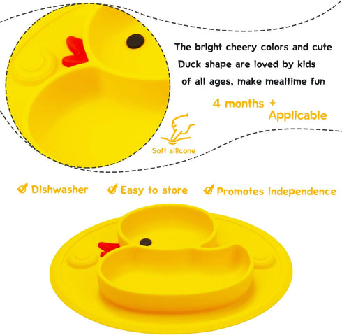 Linowos Silicone Divided Toddler Plates, Portable Non Slip Suction Plates for Children Babies and Kids BPA Free Baby Dinner Plate (Duck-Yellow) 1...