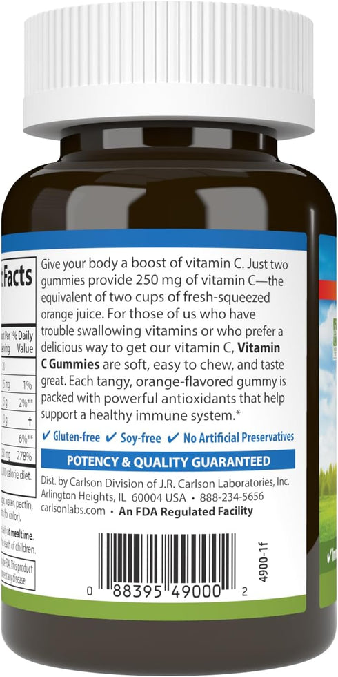 Carlson - Vitamin C Gummies, 250 mg, Immune Support & Antioxidant Power, Optimal Wellness, Orange, 60 Vegetarian Gummies...