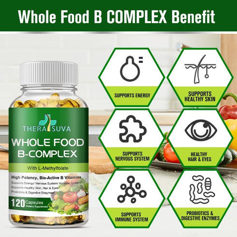 Whole Food B Complex + L-Methylfolate + Probiotics + Digestive Enzymes! High Potency! Vegetarian! for Metabolism, Immune w/Digestive Support! 120 ...