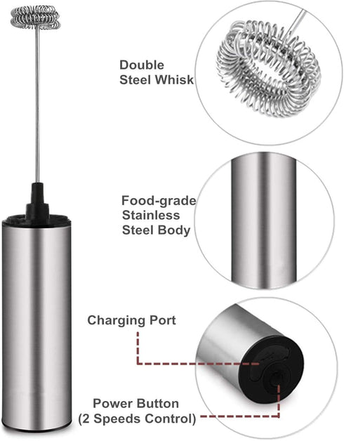 Electric Milk/Coffee Frother, Basecent Rechargeable Handheld Foam Maker/Mixer for Latte, Cappuccino, Frappe Drink, Hot Chocolate, Stainless Steel ...