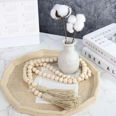 58in Farmhouse Beads Wood Bead Garland with Tassels, Rustic Farmhouse Decor for Farmhouse Tiered Tray Farmhouse Wall Decor (Natural Wood, 58in/1Pc...