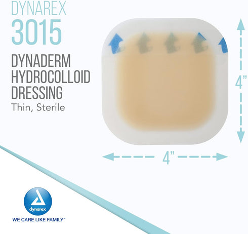 Dynarex DynaDerm Hydrocolloid Dressings, Sterile Moist Bandages Used for All Kinds of Wounds, 4" x 4", Thin & Latex-Free, Peel-Down Patches - 1 Bo...