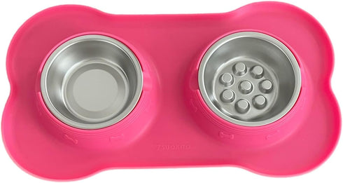 Double Pet Bowl with Silicone Mat Slow Feeder Pink...
