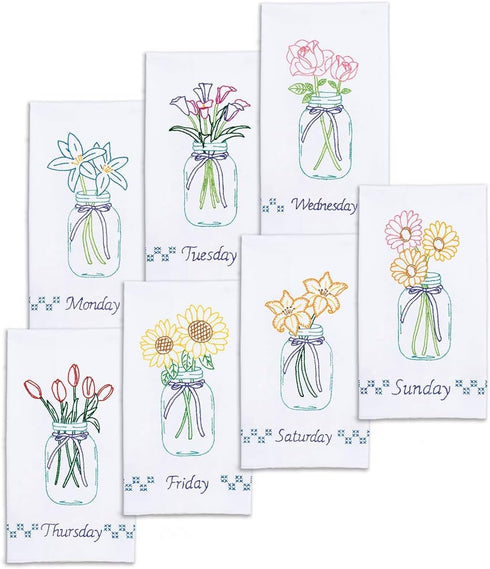 Jack Dempsey Needle Art Mason Jar Bouquets Embroidery Towels, Cotton, white...