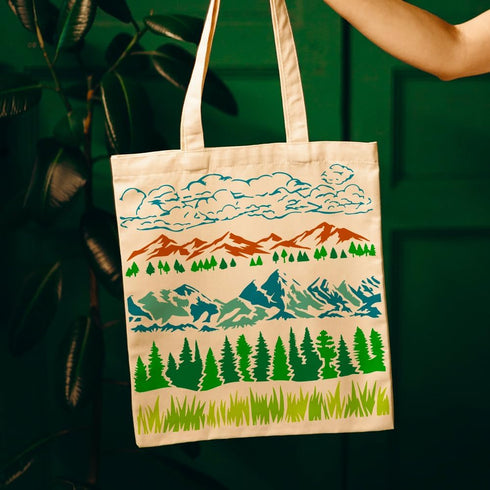 FINGERINSPIRE Natural Scenery Border Painting Stencil 11.8x11.8inch Reusable Grass Pine Trees Mountains Clouds Pattern Drawing Template Decor Sten...