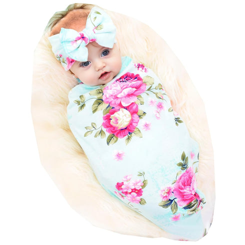 Galabloomer Receiving Blanket Headband Set Flower Print Baby Swaddle Blankets...