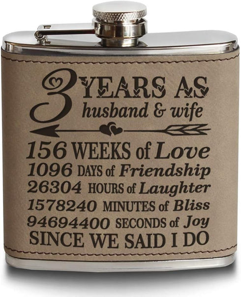 Bella Busta-3 Years as a husband and wife-Years,Weeks, Days, Hours, Minutes, Seconds Engraved Light Brown Leatherette Stainless Steel Flask-3 year...
