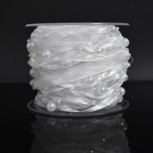 10M Artificial Bead Pearl Ribbon Chiffon Ribbon and Organza Lace Ribbon Trims for Wedding Flower Christmas Tree Decoration Sewing Craft Packaging ...