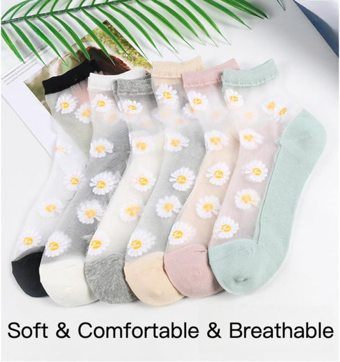 Daisy Socks Lace Sheer High Ankle Socks 6 Pairs Women Transparent Cute Preppy Floral Knit Cotton Sole Dress Sock...