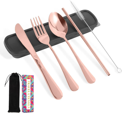 Rose Gold Travel Utensil Set, Stainless Steel Cutlery, Portable Camping Utensils, Set of 6 Reusable Silverware Set, Lunch Utensils Set for Work, I...