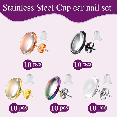 200 Pieces Stud Earring Kit, Including 50 Pieces 12 mm Stainless Steel Blank Stud 50 Rubber Back, 50 Pieces 12 mm Clear Glass Cabochons 50 Stainle...