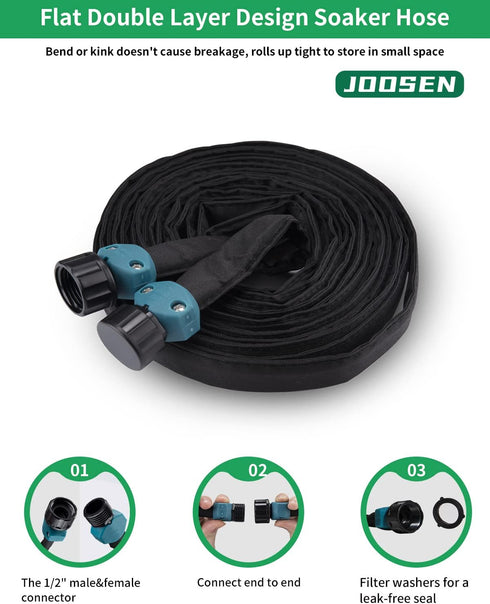 JOOSEN Soaker Hose 25ft 1/2" Flat Double Layer Consistent Drip Hose Saving 80% Water Leakproof Kink Free Vegetable Garden Hose...