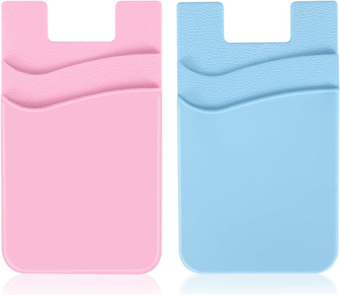 2Pack Phone Wallet,Silicone Credit Card Holder Stick on Double Pocket for Back of Cell Phone case-Sky Blue,Pink......