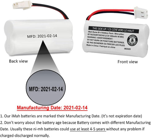 iMah BT162342/BT262342 2.4V 300mAh Ni-MH Cordless Phone Battery Pack, Also Compatible with BT183342/BT283342 AT&T EL52351 TL90070 VTech CS5119 DS6...