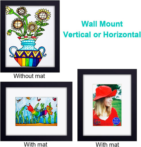 RPJC 8x10 inch Picture Frames Made of Solid Wood and High Definition Glass Display Pictures 5x7 with Mat or 8x10 Without Mat for Wall Mounting Pho...