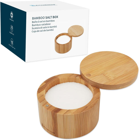 KITCHENDAO Bamboo Salt Cellar Bowl Box?Elegant Kitchen Salt Container Holder with Swivel Magnetic Lid to Store Pepper Spice Bath Salt Sea Salt Her...