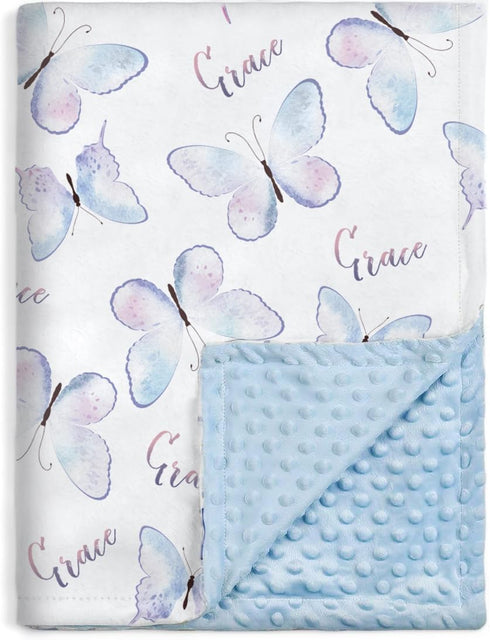 Baby Blanket for Boys Girls Soft Plush Double Layer Minky Fabric with Dotted Backing, Elegant Blue Butterfly Design Grace Blanket Baby Gift for To...