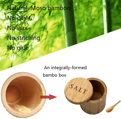 Salt Cellar, Bamboo Salt Box, Salt Container With Spoon, Salt Holder With Lid, Salt Shaker, Cumin and Pepper Bowl with Magnetic Swivel Lid...