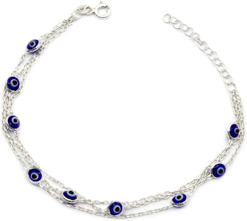 Evil Eye Bracelets Sterling Silver 925 - Triple Layered Chain Protection Blue Ojo Turco Bracelet for Women - Womens Dainty Boho Jewelry - Kabbalah...