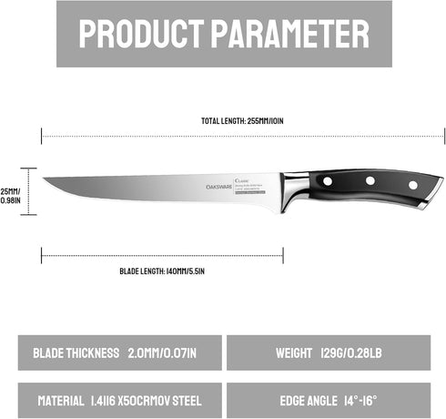 Boning Knife 5.5-Inch, German Stainless Steel, Full-Tang, Fillet Knife, Kitchen Knife, Multipurpose Meat Knife for Boning, Filleting and Trimming,...