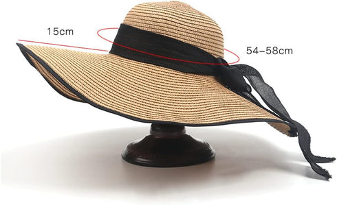 Women Girls Large Brimmed Garden Beach Sun Hat Big Summer Sun Hat Swimming Garden Beach Straw Hat Cap with Black Ribbons UPF 50+ for Traveling (Kh...