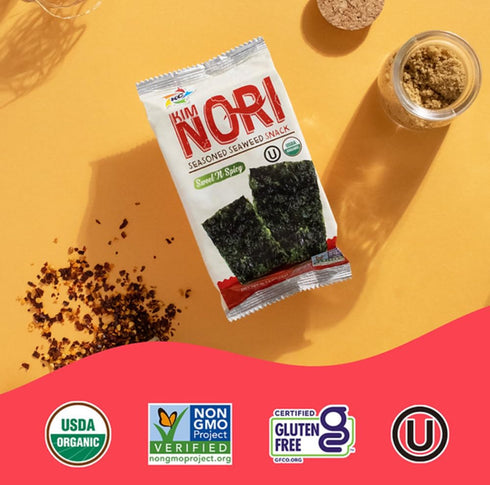 KIMNORI Seasoned Seaweed Snacks Sheets – Organic Sweet 'N Spicy Flavor, 12 Individual Packs, Roasted Crispy Premium 100% Natural Laver Kim Nori, 4...