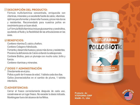 VITOFARMA POLLOBIOTIC - Essential Vitamin Supplement for Optimal Health and Performance in Chickens and Roosters - 100 Tablets...