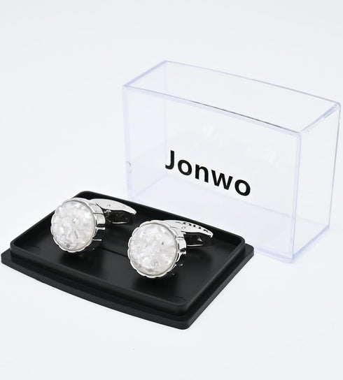 Round Polished Stone Cufflinks for Men Lady In Gift Case Classic Silver Gemstone Men's Cufflinks Jewelry Set for Wedding Anniversary Business Part...
