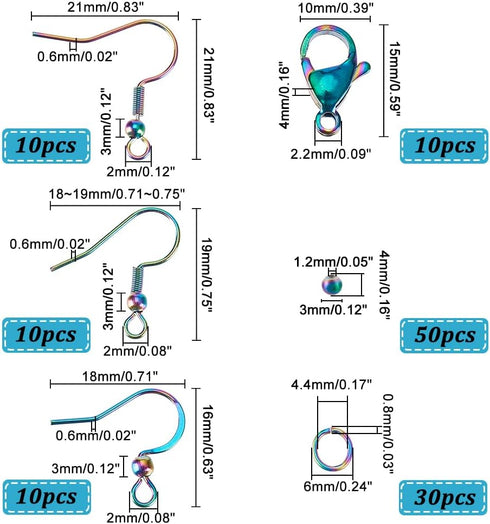 PH PandaHall 120pcs Rainbow Color Earring Making Kit 3 Sizes Fish Hook Ear Wire with Loop 304 Stainless Steel French Earring Hooks Lobster Claw Cl...