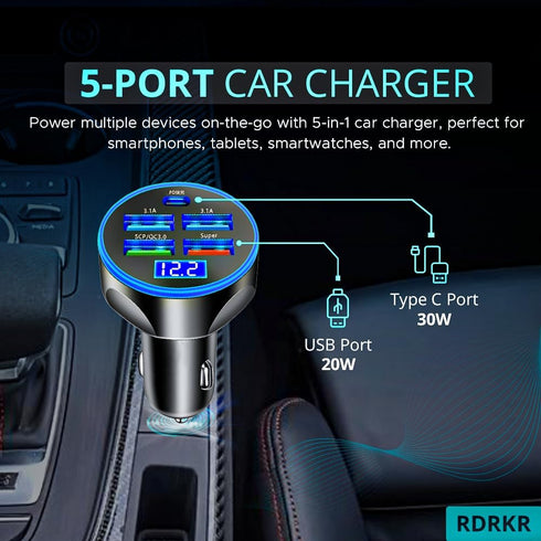 5 Port Car Charger Cigarette Lighter USB Charger LED Voltage Monitor (4USB+PD) Cigarette Lighter Adapter USB C Compatible with Android/iPhone and ...