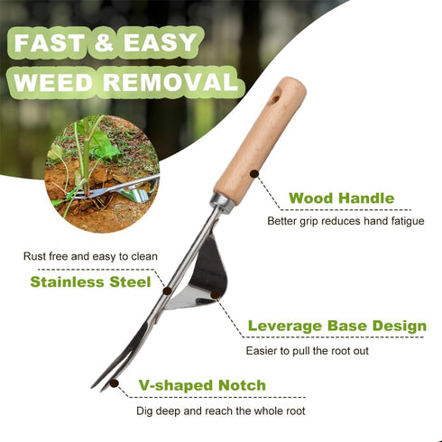 2 Pcs Stainless Steel Manual Weeder Tool Set - V-Shaped Fork & Crack Weeder for Deep Root Digging, Crevice Weeding Tool, Wood Handle Gardening Too...