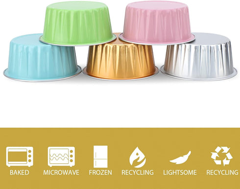 EUSOAR Dessert Cups Aluminum Foil, 25pcs 5oz Disposable Creme Brulee Baking Cups Ramekins, 5 Colors Mixed Cupcake Liners Containers Wrappers, Mini...