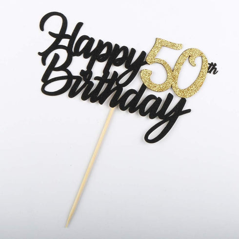 PALASASA Black Gold Glitter Happy Birthday cake topper - 50 Anniversary/Birthday Cake Topper Party Decoration (50th)...