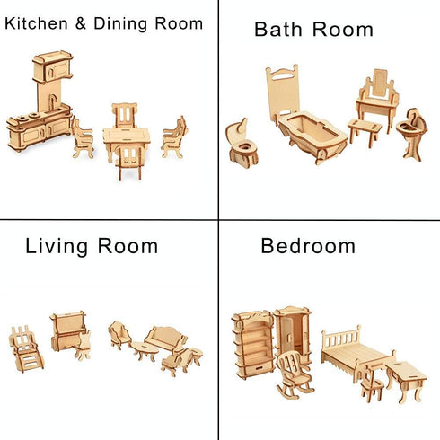BOHS 34-Piece Dollhouse Furniture Set - Laser Cut Wooden 3D Puzzles - Miniature Doll House DIY Models and Accessories...