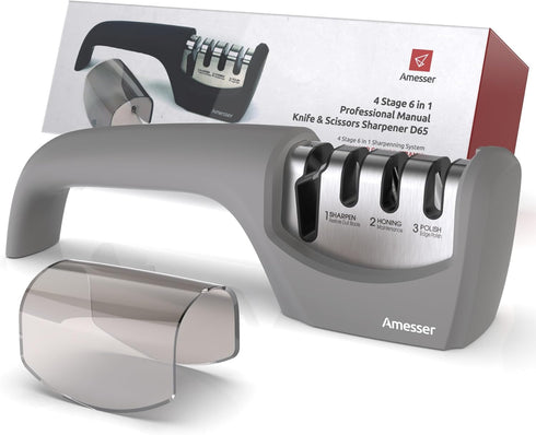4-in-1 Knife Sharpener – Fast & Safe Sharpening for Kitchen, Pocket, Chef’s & Serrated Knives, Scissors | Effortlessly Restore, Hone & Polish Blad...