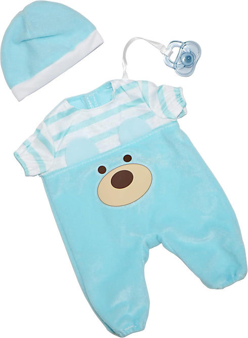 JC Toys |Blue Bear Onesie | Baby Doll Outfit + Hat + Pacifier | | Ages 2+ | Fits Dolls 12"- 14"...