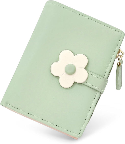Cute Wallets for Women, Bifold RFID Blocking Small Womens Wallet with Zipper Coin Pocket (Green,Flower)...