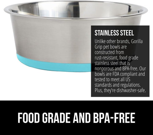 Gorilla Grip Stainless Steel Metal Dog Bowl Set of 2, Rubber Base, Heavy Duty Feeding Dishes, Food Grade BPA Free, Less Sliding, Quiet Pet Bowls f...