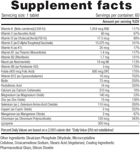 Multivitamin Once Daily, Max Strength Vitamins A, C, D, E, K, B1, B2, B6, B12, Niacin, Calcium, Magnesium, Zinc, Selenium, Copper, Manganese, Chro...