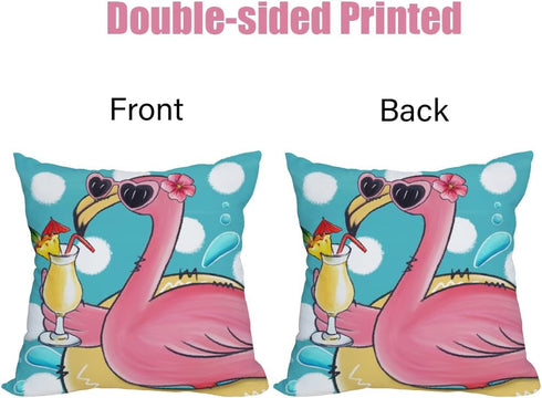 2 Pack Waterproof Summer Flamingo Throw Pillow Covers 18x18 Inch Tropical Flower Beach Pink Birds Pillow Cases Blue Ocean Sea Farmhouse Outdoor De...