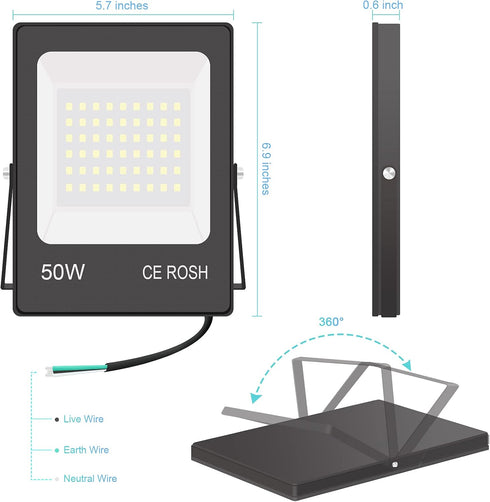LED Flood Lights 50W, 5000LM Super Bright Work Lights, IP66 Waterproof Exterior Floodlights Outdoor 5000K Daylight White Security Lights Fixture f...