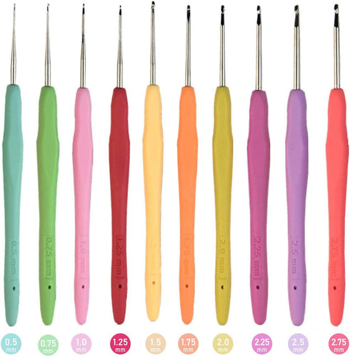 MTGHYARE 10 Small Sizes Lace Crochet Hooks Set 0.5mm - 2.75mm Ergonomic Soft Grip Handle Crochet Hook Needles Thread Crochet Hooks Yarn Lace Knitt...