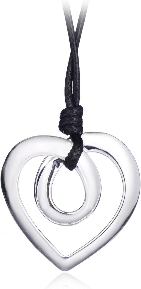 Heart Shape Long Pendant Necklace Silver Plated Black PU Leather Rope Long Chain Necklace for Women...