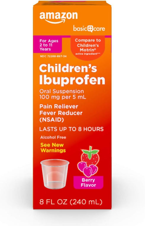 Amazon Basic Care Children's Ibuprofen Oral Suspension, 100 mg per 5 mL, Pain Reliever and Fever Reducer, Berry Flavor, For Sore Throat, Headache ...