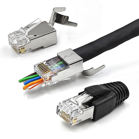 10 Pack Cat7 Cat6A Pass Through Shielded RJ45 Connector Modular Network 50? Gold-Plated Plug for Cat 6, Cat 6A, Cat 7 and Cat 8 with Strain Relief...